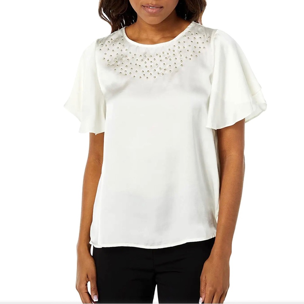 Vince Camuto Tulip Sleeve Studded Cream Satin Blouse Size Small